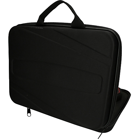 Schwarze Notebooktasche mit Tragegriff und Reißverschluss, teilweise geöffnet.